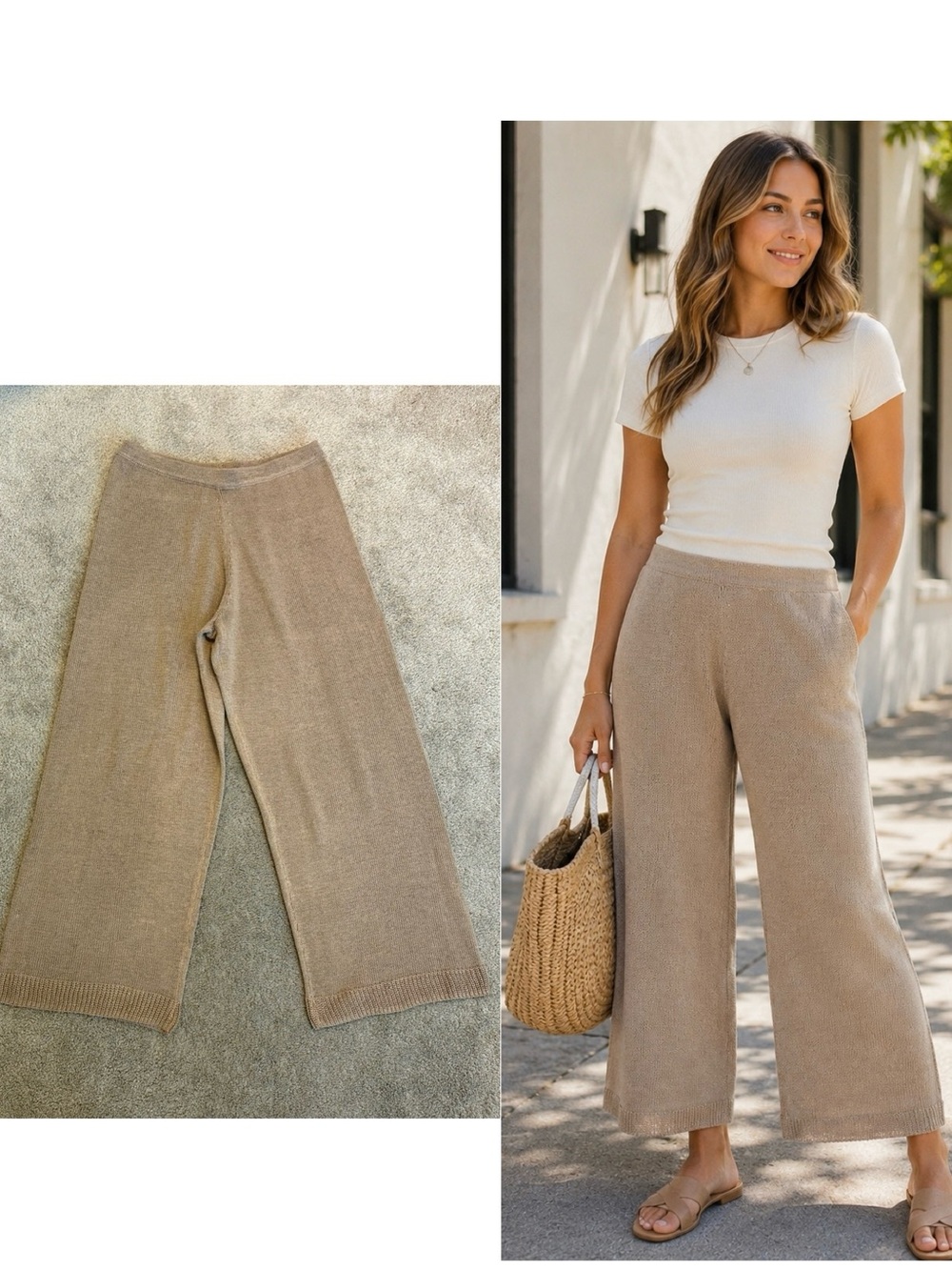 Zara Knit Wide Leg Pants Beige Taupe Pull-on Sz M NWOT